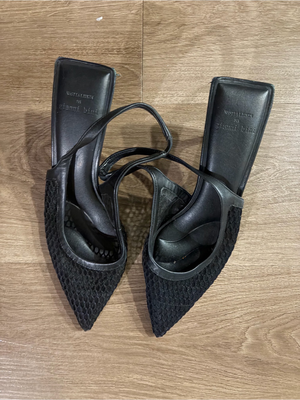 Natasha Liukin for Gianni Bini. Black Pointed Mesh Slingback Heels